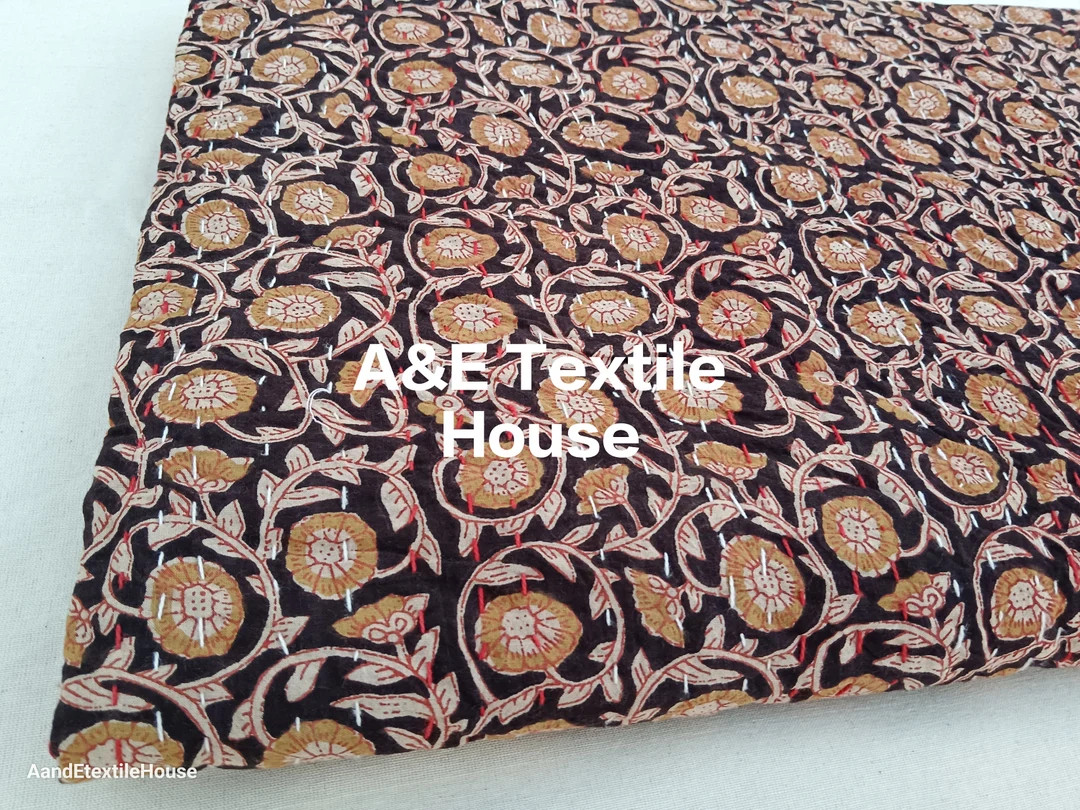 Kantha Quilt Handblock Print Floral Kantha Indian Netural - Etsy | Etsy (US)