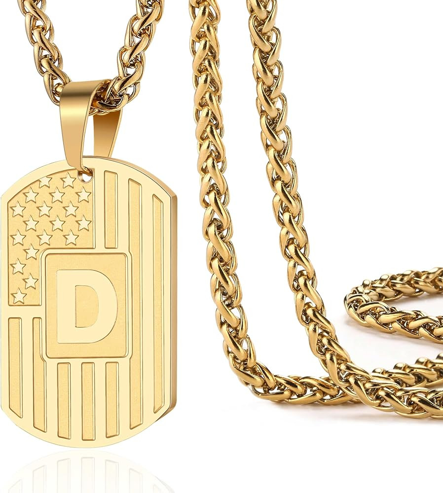 DuoDiner 24" Initial Necklace Gifts for Boys Men A-Z Capital Letter Dog Tag | Amazon (US)