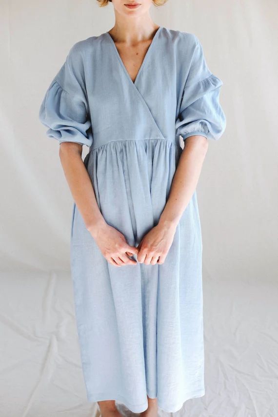 Linen V-neck puffy sleeve dress / OFFON CLOTHING | Etsy (US)