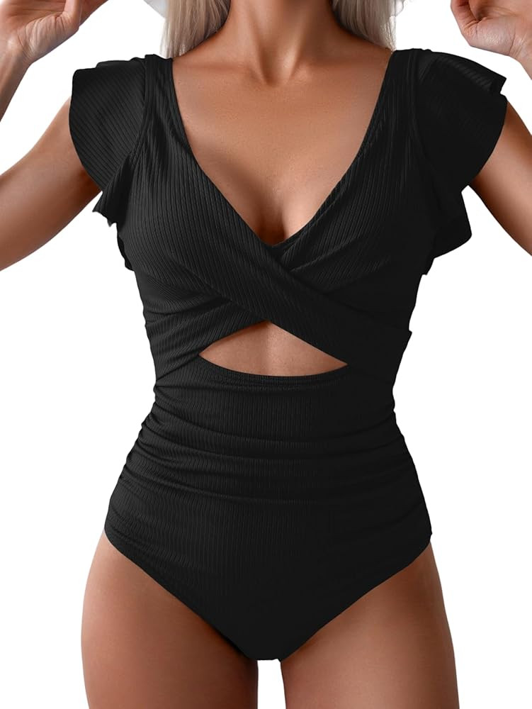 B2prity Women's One Piece Swimsuit Ruffle Cutout Bathing Suits Slimming Tummy Control V Neck Wrap... | Amazon (US)