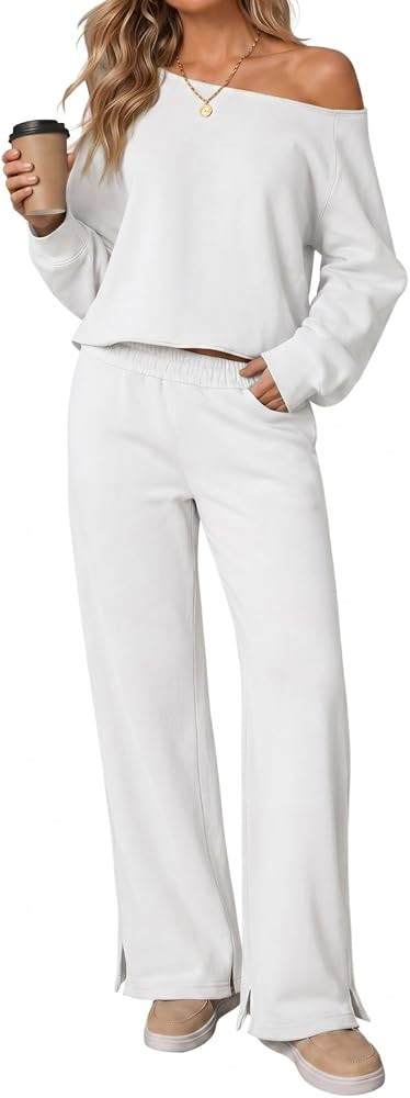 Fisoew Womens 2 Piece Outfits Off the Shoulder Sweatshirts Crop Top Wide Leg Sweatpants Fall Casu... | Amazon (US)