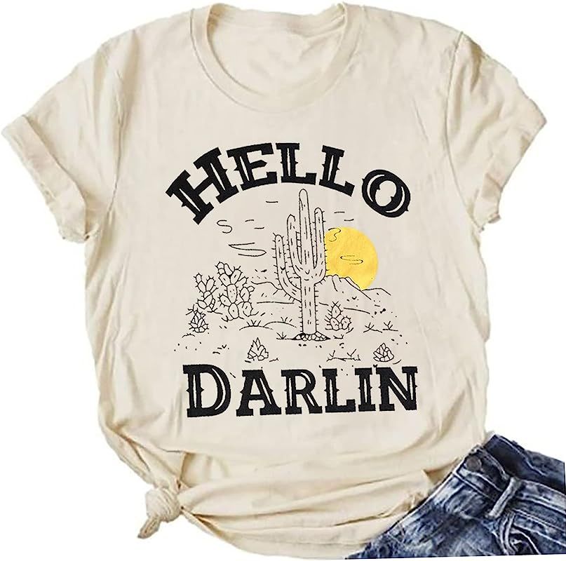 Hello Darlin Cute T-Shirt for Women Cactus Sunrise Graphic Tees Hiking Mountain Climbing Funny Sh... | Amazon (US)