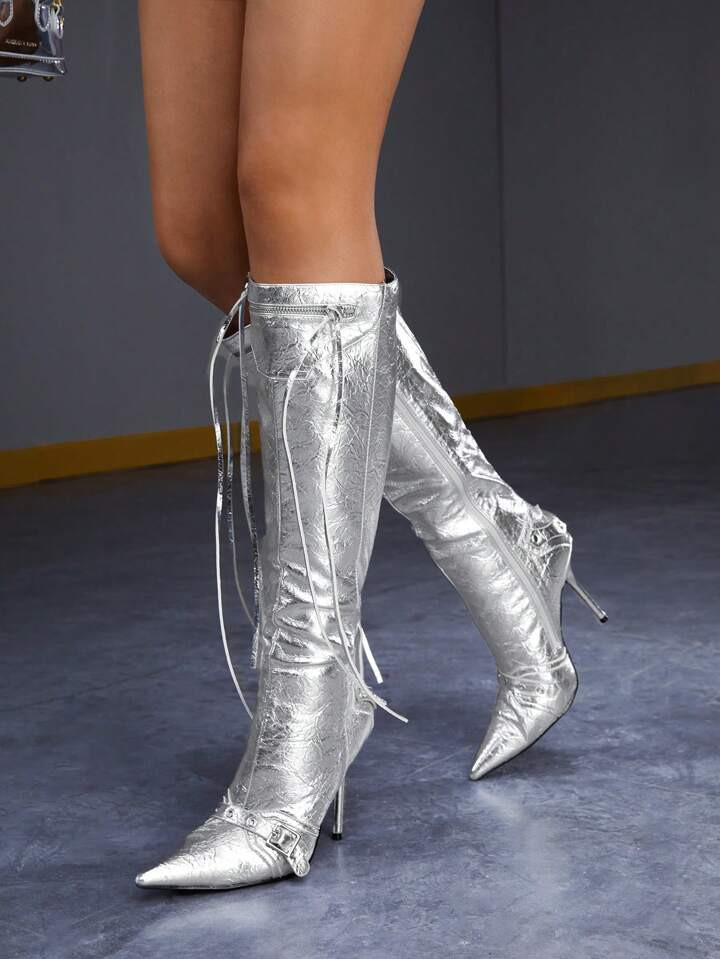 Party Collection Glamorous Silver Classic Boots For Women, Point Toe Stiletto Heeled Boots | SHEIN