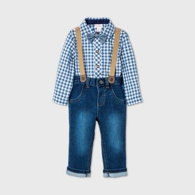Baby Boys' Gingham 'Little Man' Denim Suspender Top & Bottom Set with Bowtie - Cat & Jack™ Blue | Target