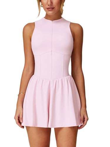 Tennis Dress for Womens Zip Front Yoga Athletic Dresses High Neck Sleeveless Women Workout Golf Dresses with Built-in Bras & Shorts Summer Active Exercise Dress with Pockets Pink XS | Amazon (US)