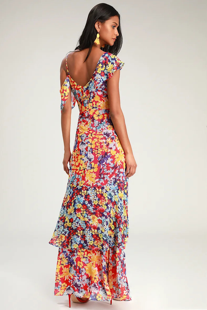 Radiant Ruby Red Floral Print Chiffon Maxi Dress | Lulus (US)