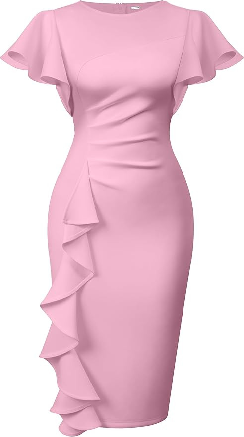 Memoriesea Women's Vintage Church Ruffle Sleeve Ruched Bodycon Work Midi Pencil Dress | Amazon (US)