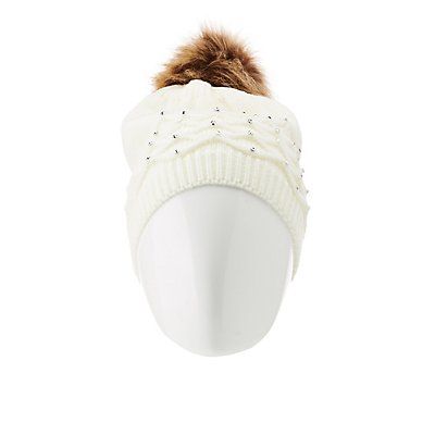 Rhinestone Embellished Pom Pom Beanie | Charlotte Russe