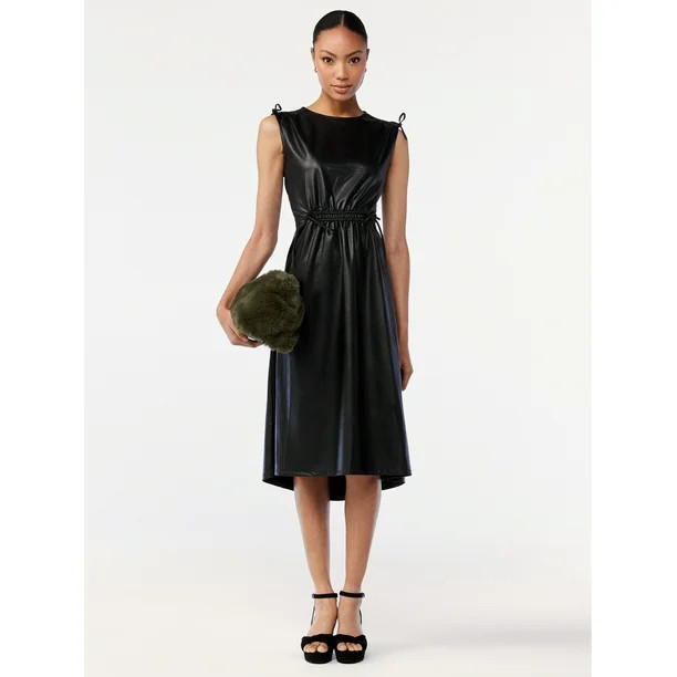 Scoop Women's Faux Leather Midi Dress with Cinched Waist - Walmart.com | Walmart (US)