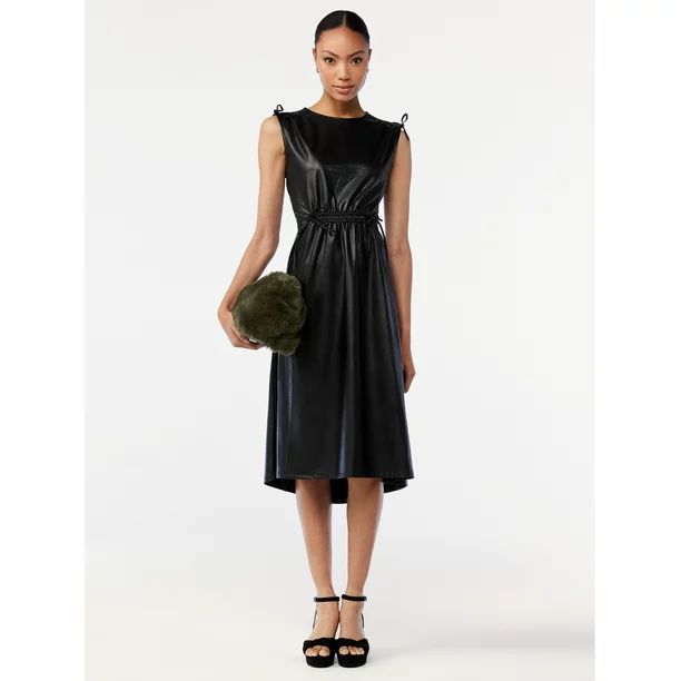 Scoop Women's Faux Leather Midi Dress with Cinched Waist - Walmart.com | Walmart (US)