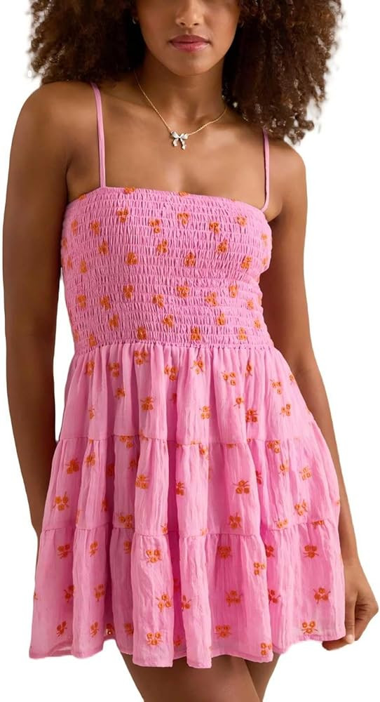 Sastianaen Womens Floral Print Mini Dress Summer Ruffle Smocked Tiered Tie Backless Preppy Smocke... | Amazon (US)