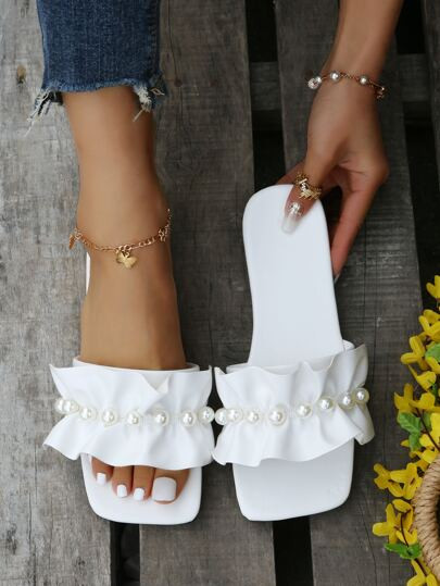 Faux Pearl Decor Ruffle Trim Slide Sandals | SHEIN