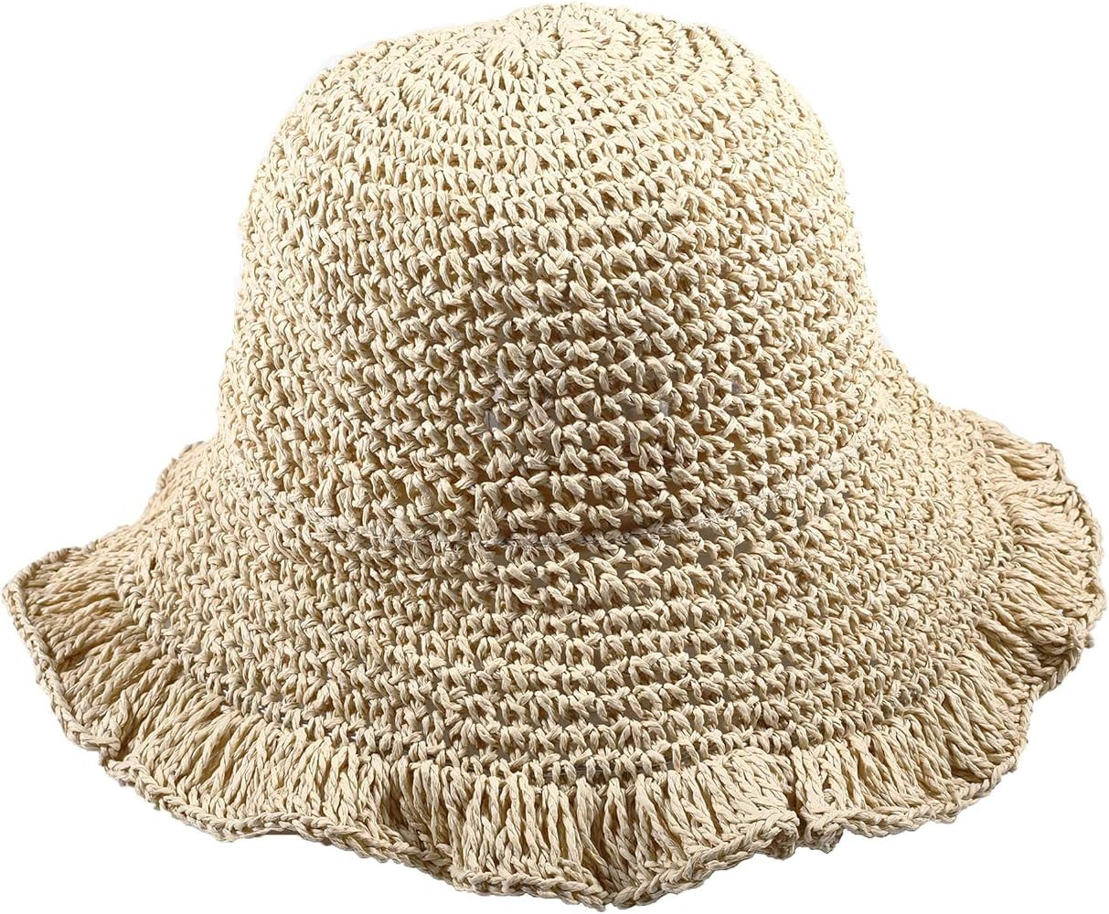 Floppy Straw Bucket Hats for Women Foldable Summer Wide Brim Sun Hat Travel Beach Hat | Amazon (US)