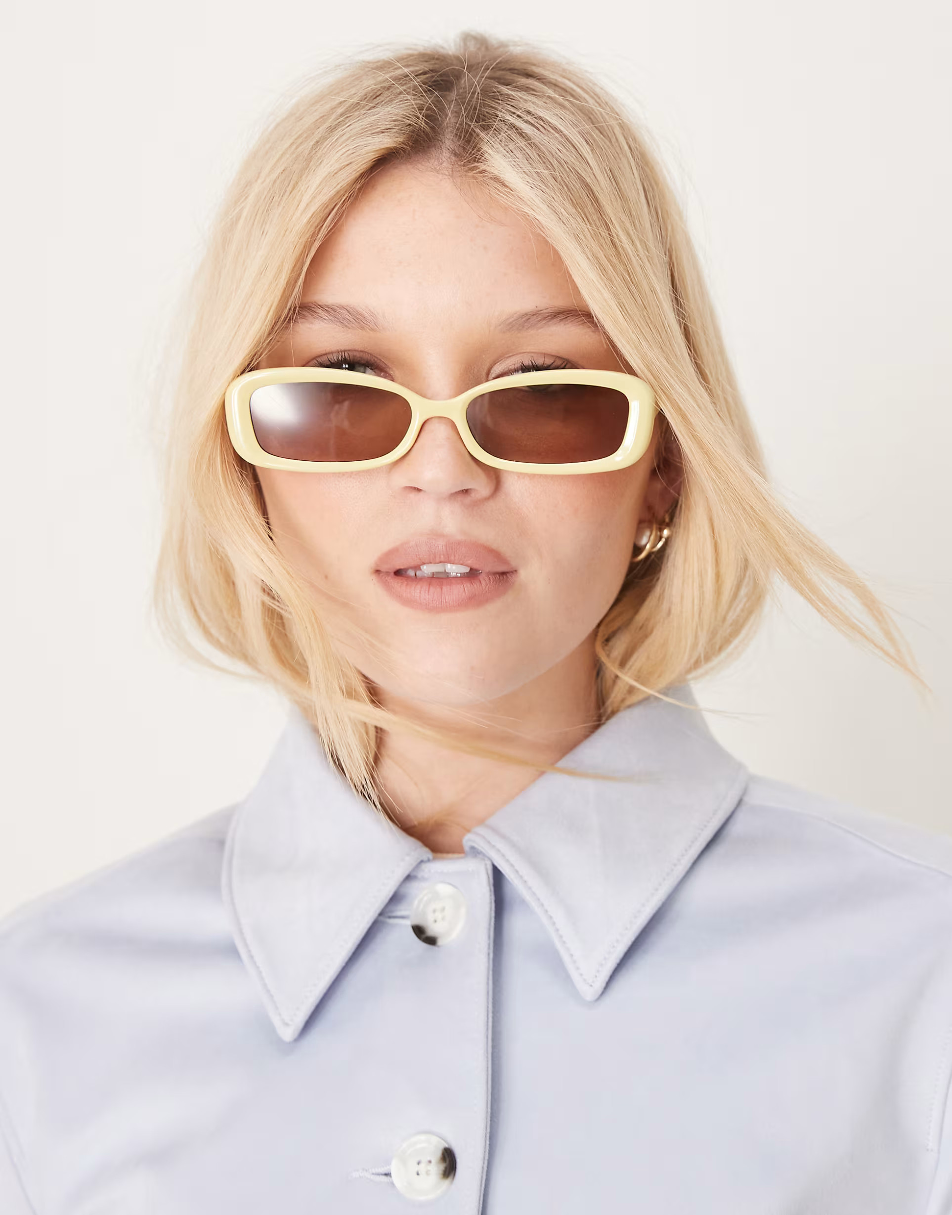 ASOS DESIGN narrow beveled square sunglasses in buttermilk yellow | ASOS (Global)