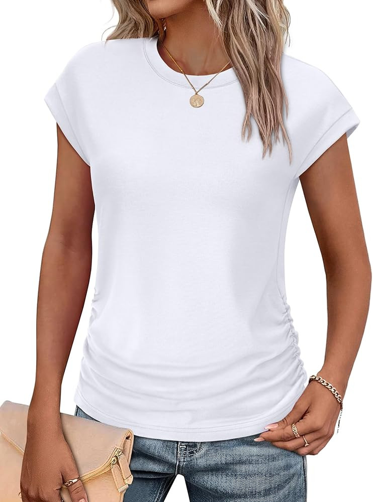 SAMPEEL Womens Summer Tops Trendy 2025 Ruched Cap Short Sleeve Tshirts Shirts Crew Neck T Shirts ... | Amazon (US)