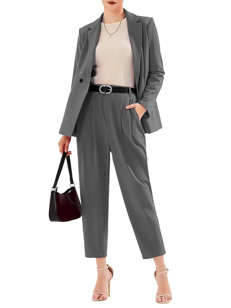 EXLURA Women's Business Blazer and High Elastic Waist Pant Suit Set Loose Fit Casual Fall Winter ... | Amazon (US)
