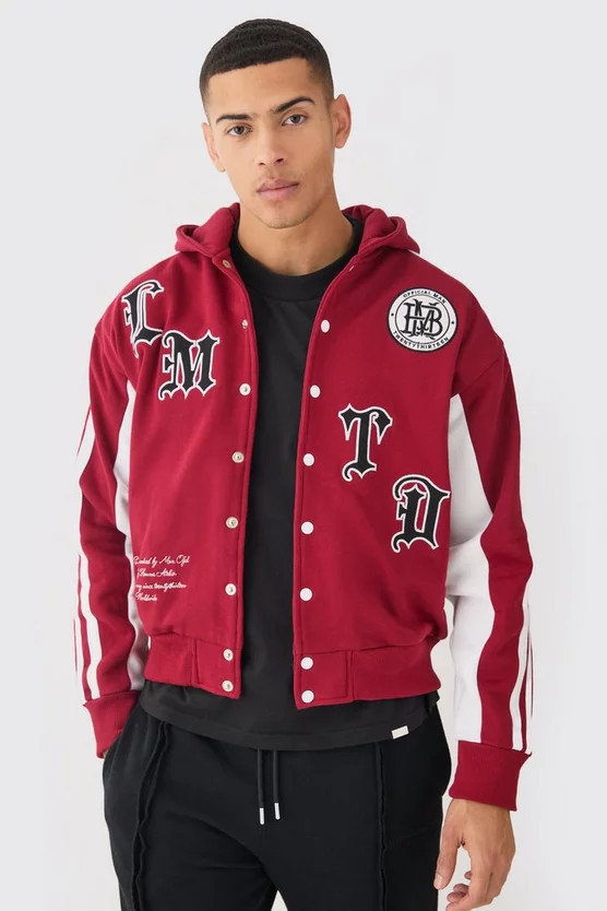 Boxy Applique Tape Detail Jersey Varsity Jacket | boohooMAN (US & Canada)