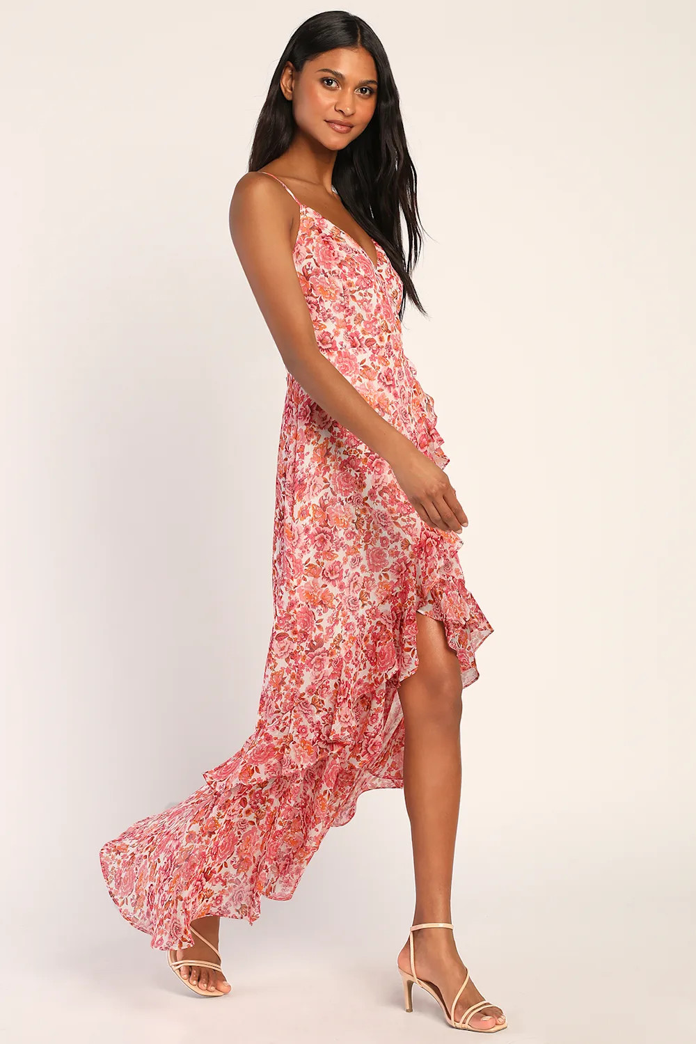 Always Enchanting Pink Floral Metallic Ruffled High-Low Dress | Lulus