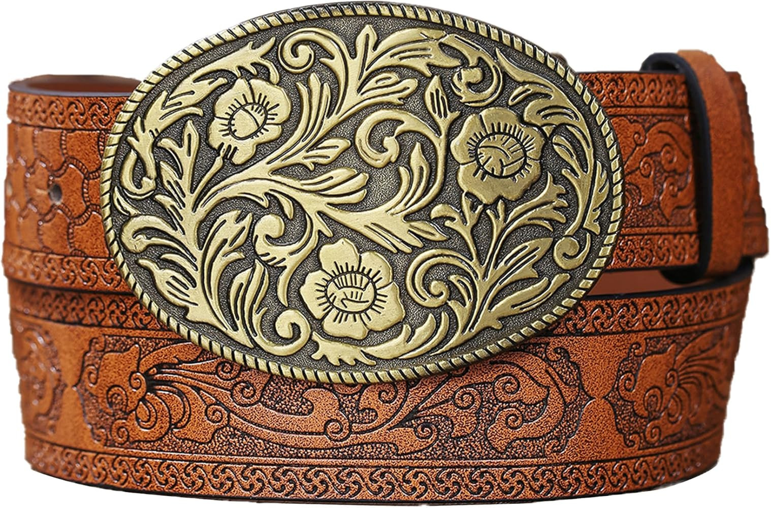 Western PU Leather Cowboy Cowgirl Belt for Men & Women - Vintage Flower Buckle Embossed Leather B... | Amazon (US)