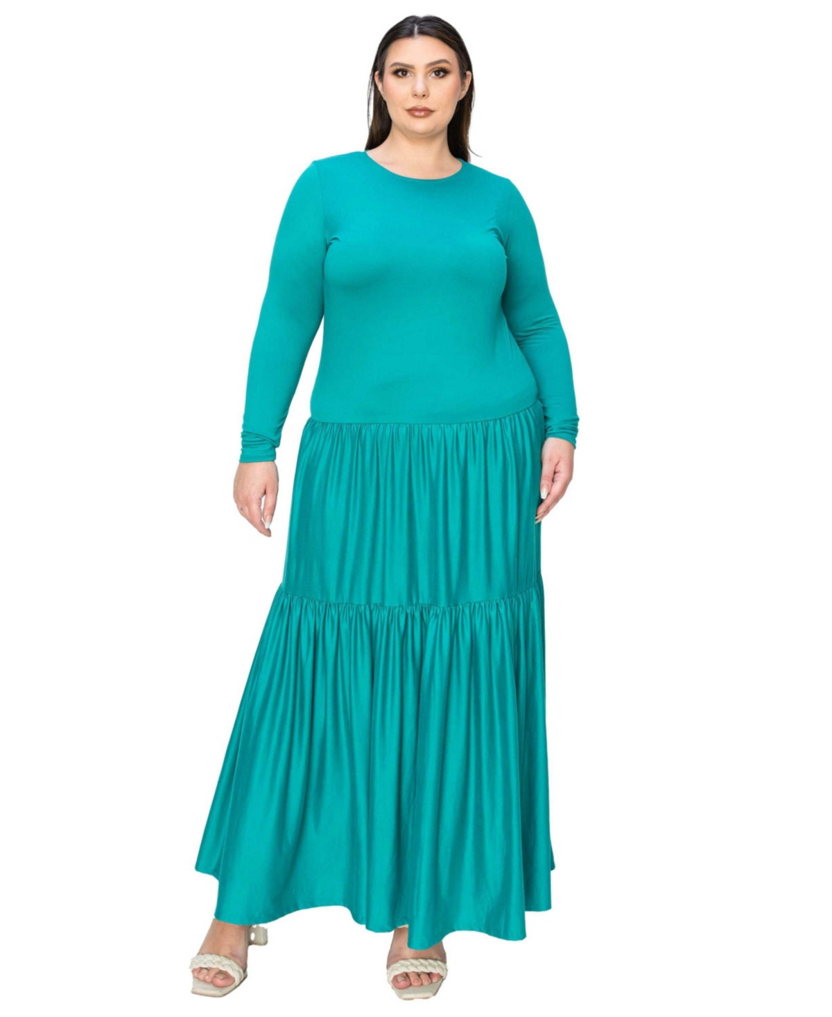 L I V D Plus Size Tiered Maxi Dress with Long Sleeves - Jade | Macy's