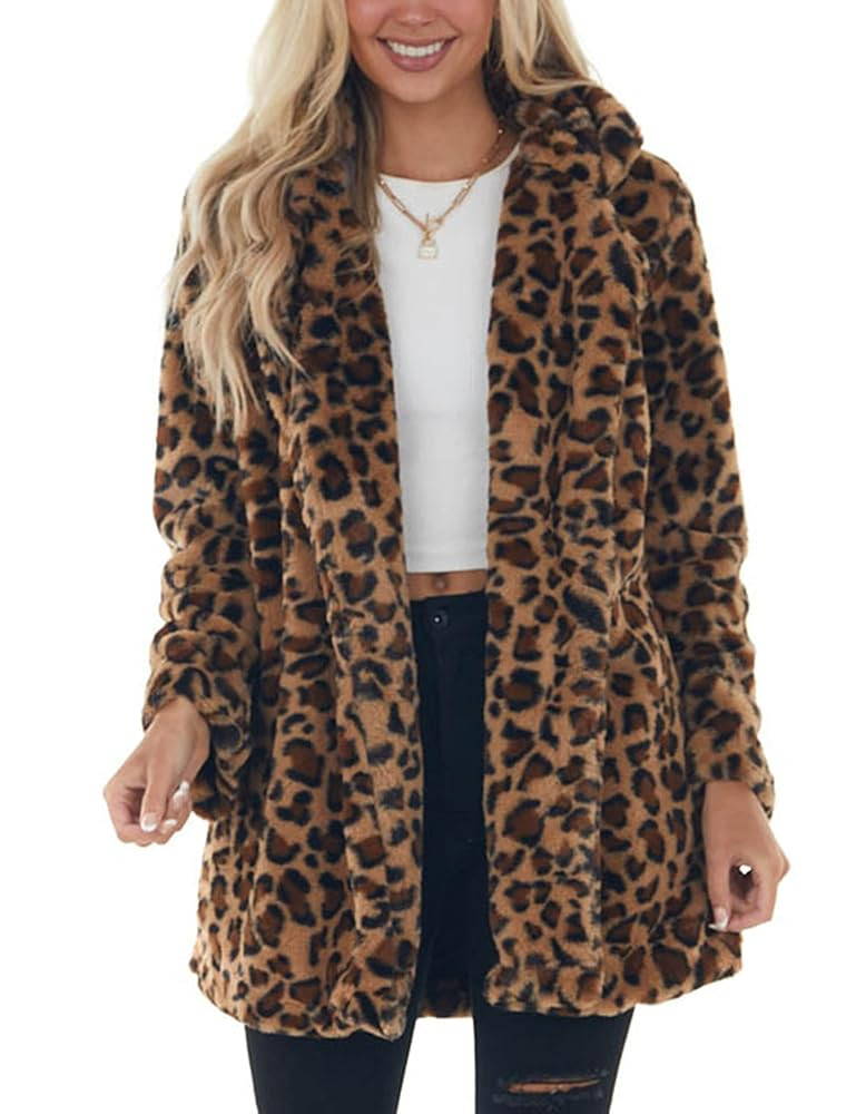 Omoone Women's Faux Fur Jackets Autumn Winter Leopard Coats Loose Fur Coat with Pockets | Amazon (US)