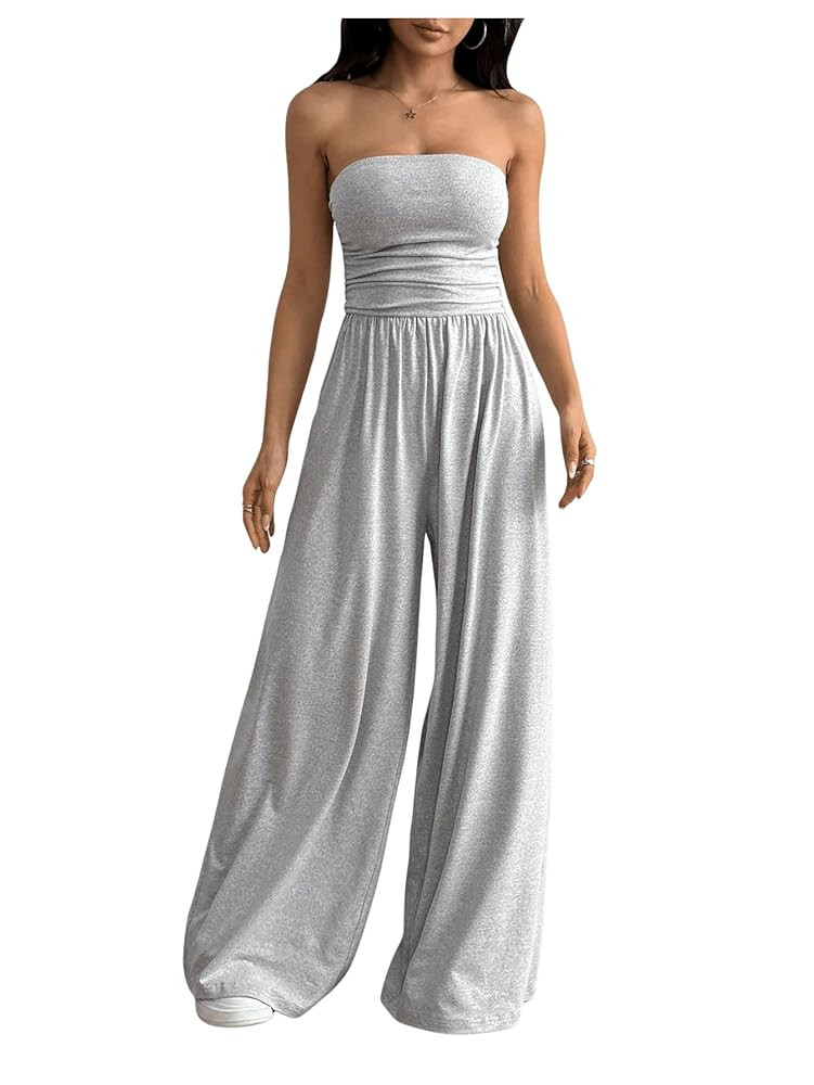 OYOANGLE Women's Strapless Jumpsuits Ruched Wide Leg Long Pants Romper | Amazon (US)