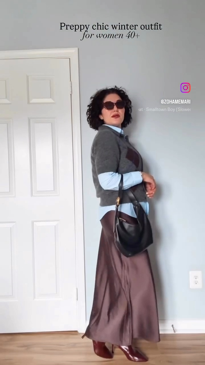 Preppy chic winter outfit, sweater outfit, satin skirt, leather boots, burgundy boots, black leather bag 

#LTKGiftGuide #LTKHoliday #LTKOver40
