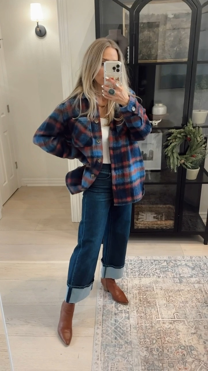 Walmart look! 👀 
Wearing size s in shacket & 4 in jeans! 
The jeans are giving designer vibes for wayyyy less. 

Paired with my favorite FP boots 

#LTKHoliday #LTKGiftGuide