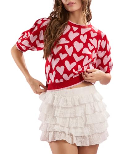 Lordree Women Puff Short Sleeve Sweater Cute Mock Neck Knit Pullover Shirt Heart Knit Sweater Vest Y2k Aesthetic Tank Top | Amazon (US)