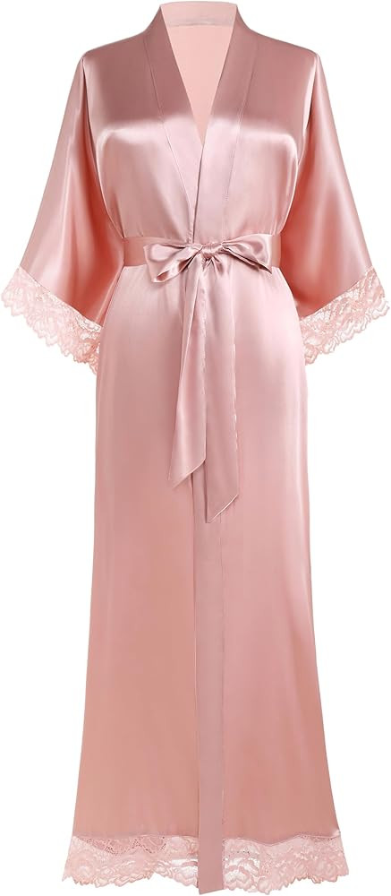 BABEYOND Satin Kimono Robe Silky Long Bridesmaid Wedding Lightweight Bath Robe with Lace Trim | Amazon (US)
