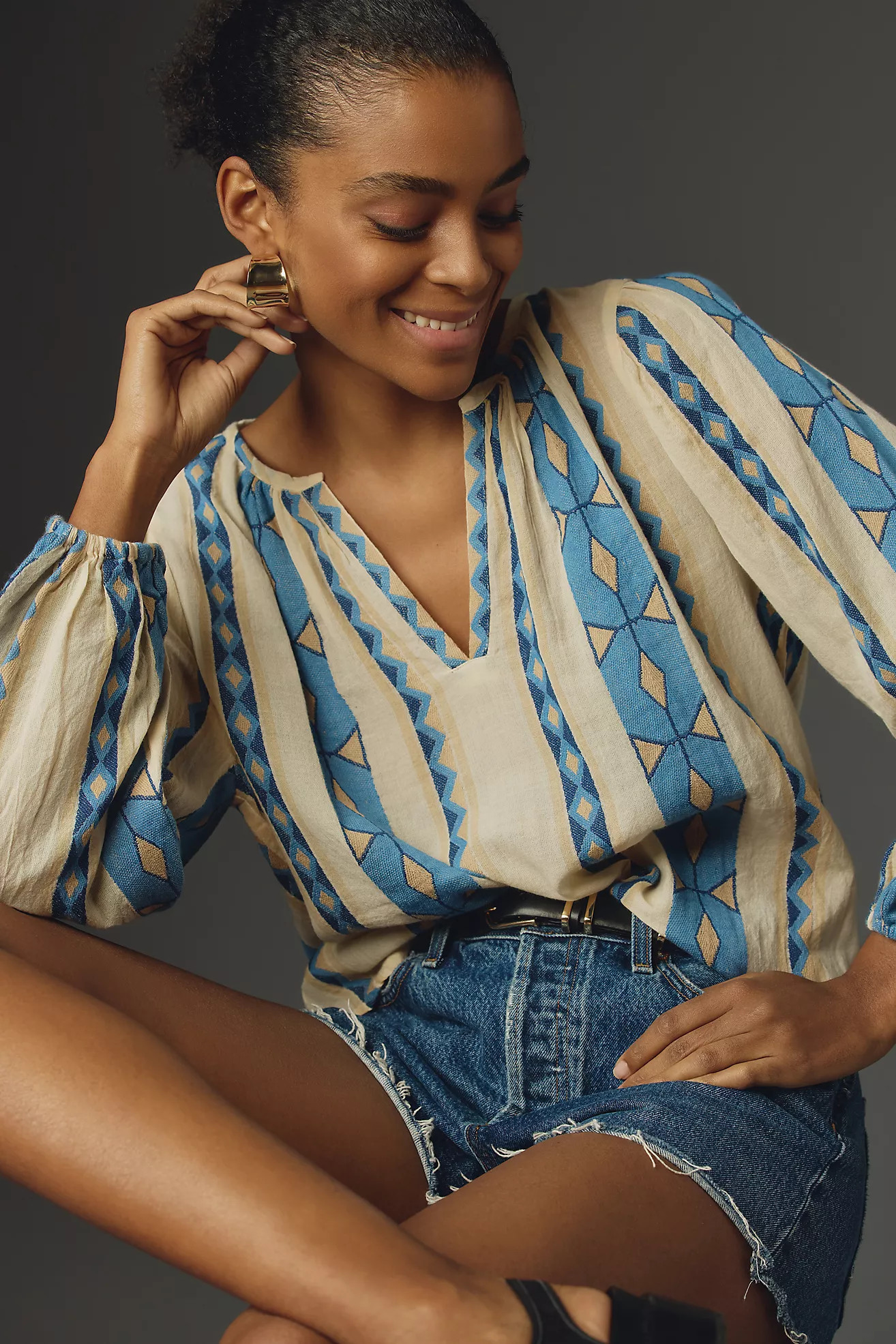 Velvet by Graham & Spencer Nanni V-Neck Jacquard Blouse | Anthropologie (US)