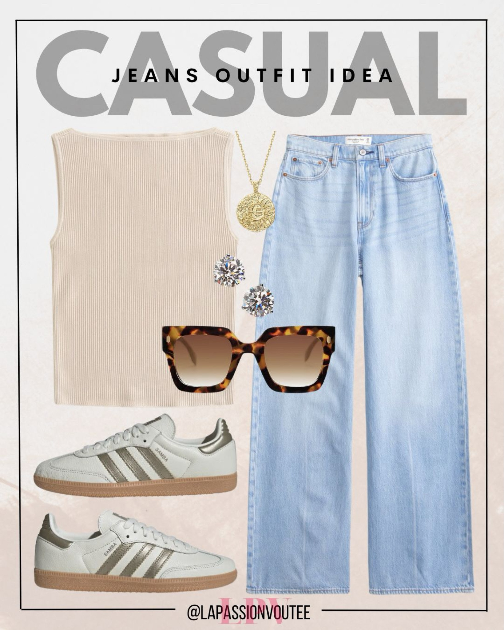 Keep it casual yet stylish with wide-leg jeans and a sleek sleeveless top. Add subtle stud earrings, a simple necklace, and classic sunglasses for a polished vibe. Finish the look with comfy Samba sneakers for a sporty, laid-back touch.

#LTKSeasonal #LTKFindsUnder100 #LTKStyleTip