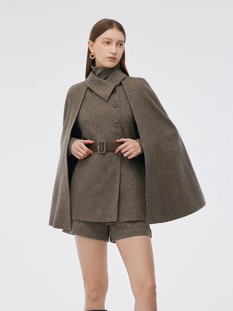 100% Washable Wool Cape And Vest Two-Piece Set - Coffee brown / M | GOELIA