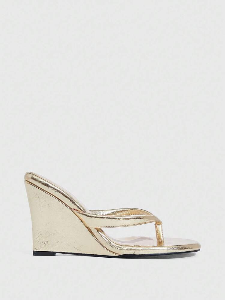 MISSGUIDED Metallic Wedge Thong Sandals High Heels Platform Summer Beach Wedding Party Evening Slip On Dressy Sandals Elegant Fashion Footwear For Christmas | SHEIN