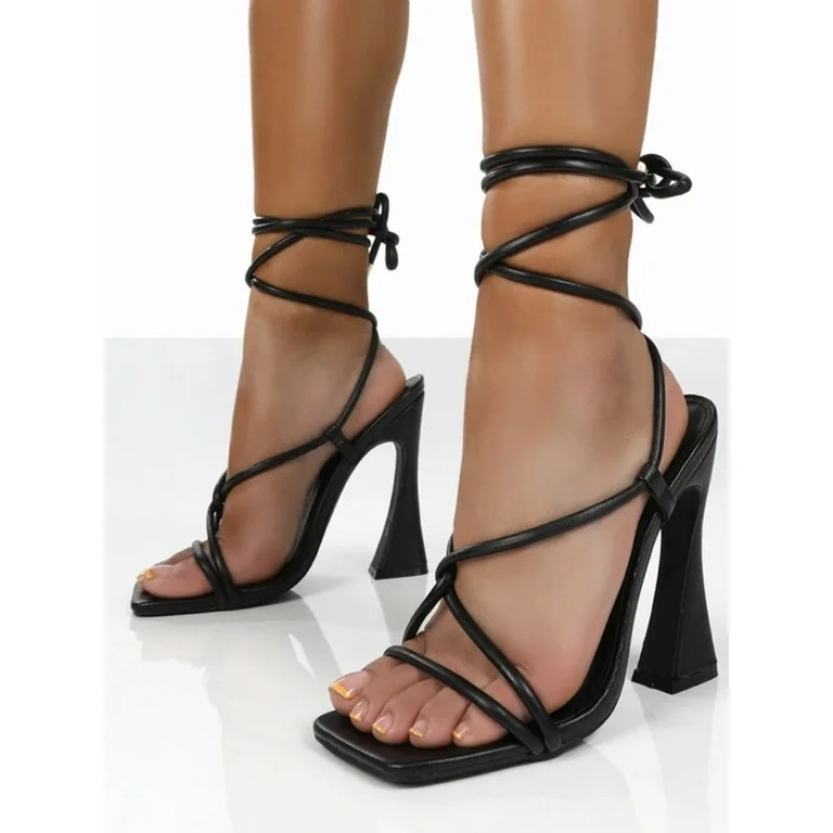 ROASO Women's Square Toe Wrap Up Heels Heels Black - Walmart.com | Walmart (US)