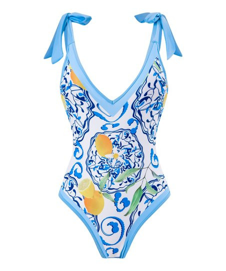 Doris Blue & Yellow Lemon Tie-Strap One-Piece - Women | Zulily