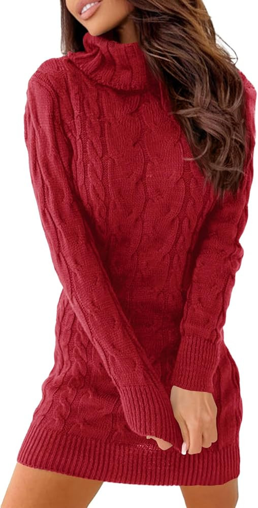 Langwyqu Womens Cable Knit Sweater Dress Sexy Long Sleeve Bodycon Turtleneck Mini Fall Sweaters D... | Amazon (US)