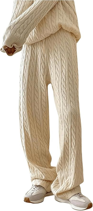 GORGLITTER Women's Drawstring Waist Cable Knit Sweater Pants Straight Leg Long Trousers | Amazon (US)