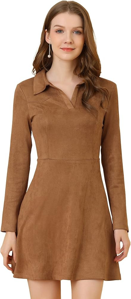 Women's Faux Suede Dress V Neck Long Sleeve 2023 Fall Winter A-Line Mini Dress | Amazon (US)