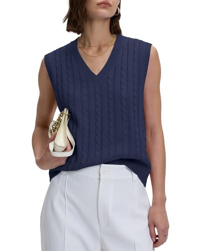 Locachy Women's Vintage Loose V Neck Sleeveless Cable Knit Preppy Style Pullover Sweater Vest Navy Blue -Small | Amazon (US)