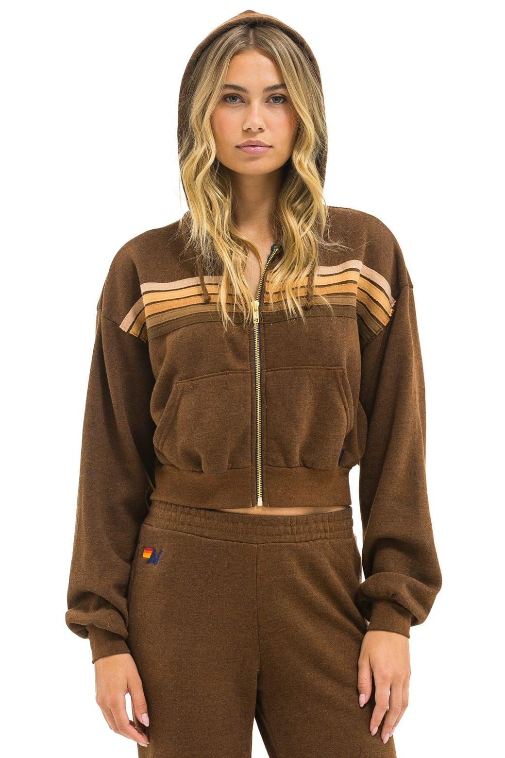 5 STRIPE CROPPED ZIP HOODIE RELAXED - CHOCOLATE // ESPRESSO | Aviator Nation