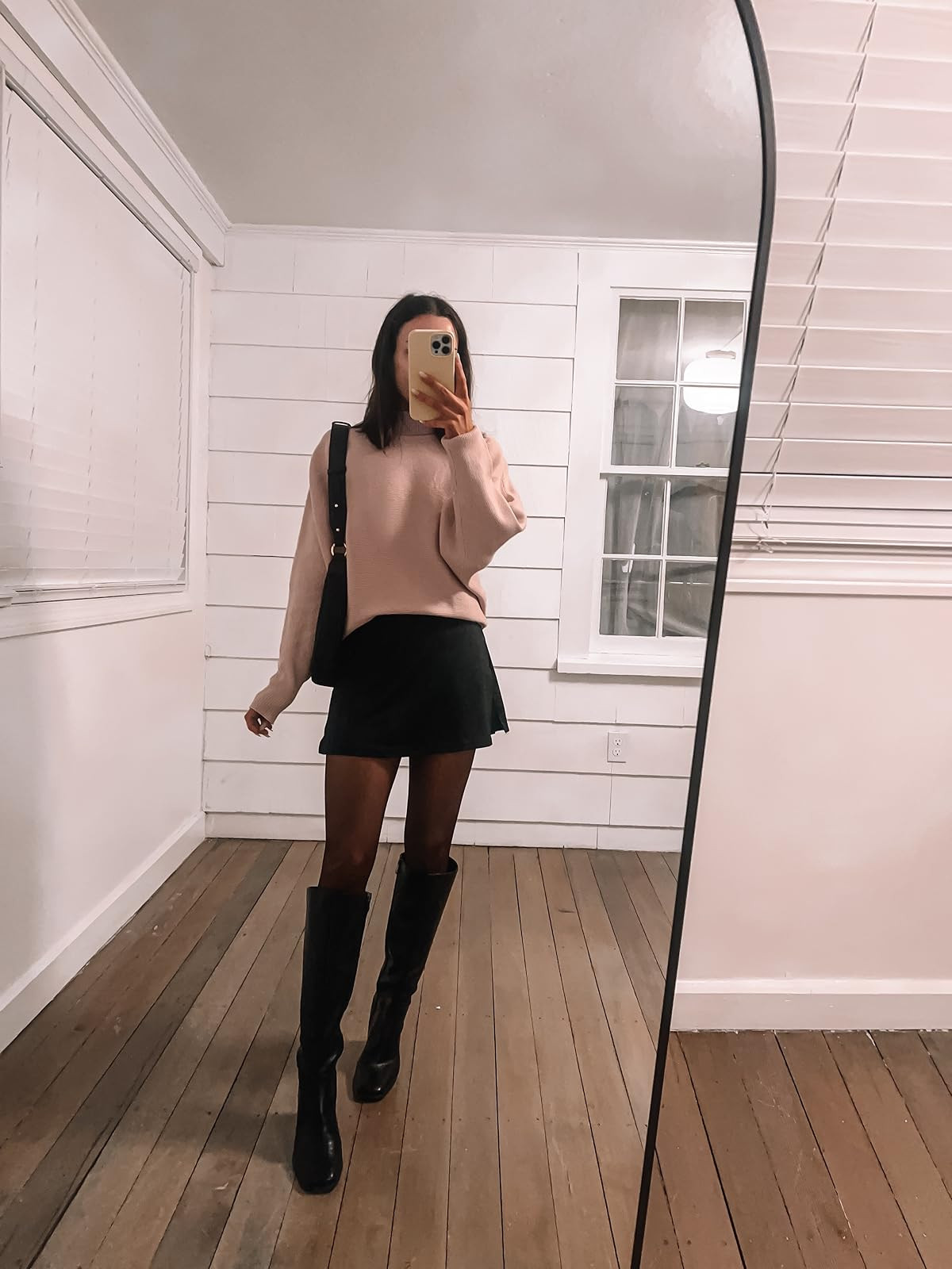 Valentine’s Day outfit- wearing a s in the sweater, vs in skirt, boots true to size. Turtleneck/mini skort/sheer tights/black knee high boots.  

 #LTKPetite #LTKFindsUnder100