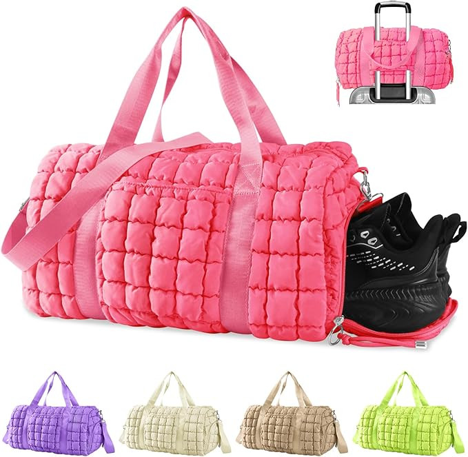 Quilted Gym Bag Duffle for Women,Duffle Bag for Travel with Shoes Compartment,Puffer Weekender Ba... | Amazon (US)