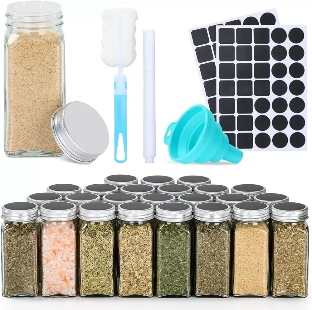 AOZITA 24 Pcs Glass Spice Jars with Labels - 4oz Empty Square