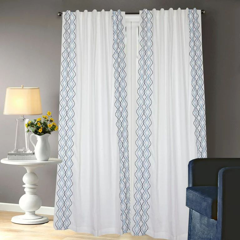Blue Quatrefoil Embroidery Cotton Curtain Panel, White 120 Inch by 52 Inch | Walmart (US)