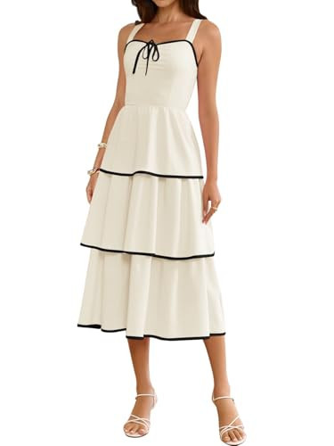 Yousify Summer Dresses for Women 2025 Spaghetti Strap Sundress Sleeveless Backless Casual Flowy Tiered Swing Midi Dress（Beige，Medium） | Amazon (US)