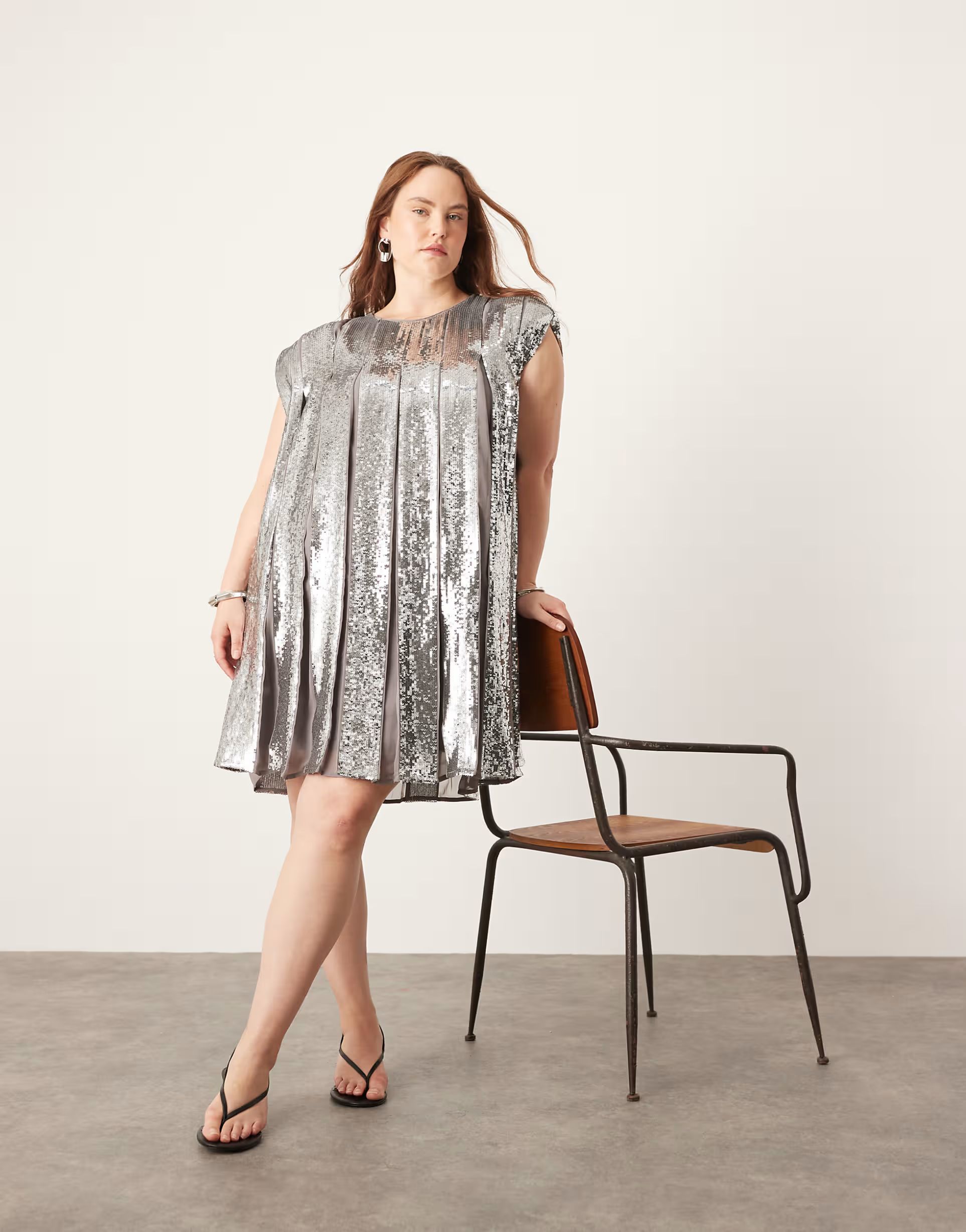 ASOS EDITION Curve embellished allover sequin pleat trapeze mini dress in gray | ASOS (Global)