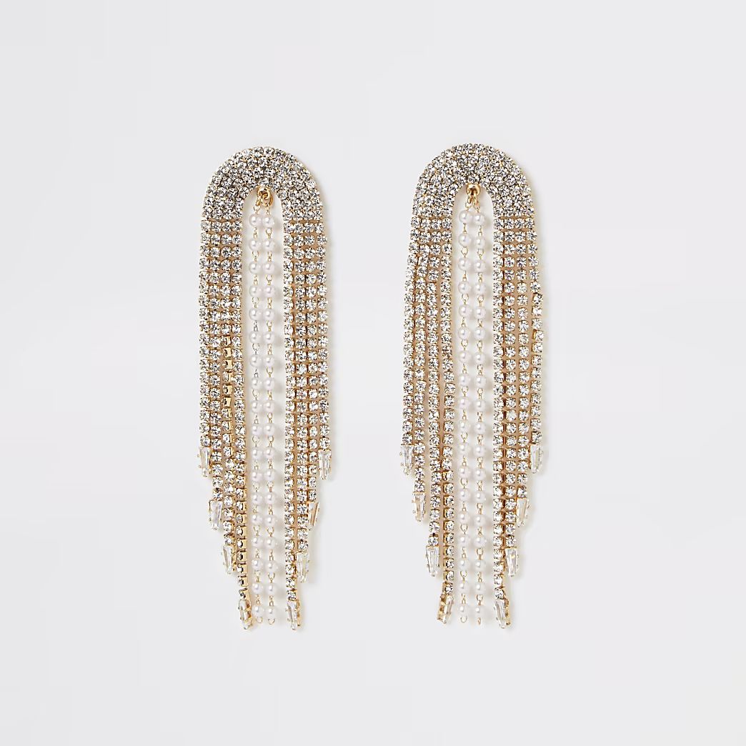 Gold colour diamante and pearl drop earrings | River Island (UK & IE)