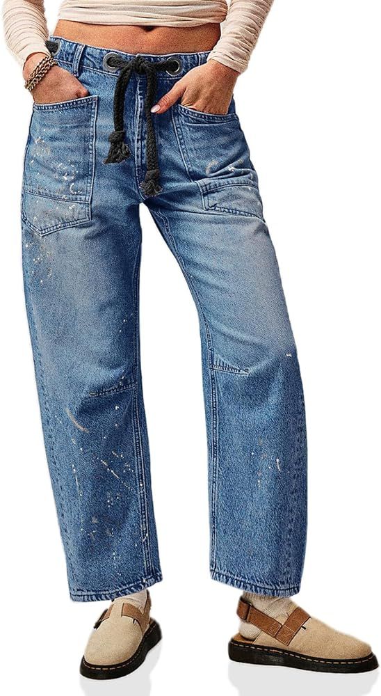 Cicy Bell Womens Baggy Barrel Horseshoe Jeans Wide Leg Drawstring Vintage Denim Pants with Front ... | Amazon (US)