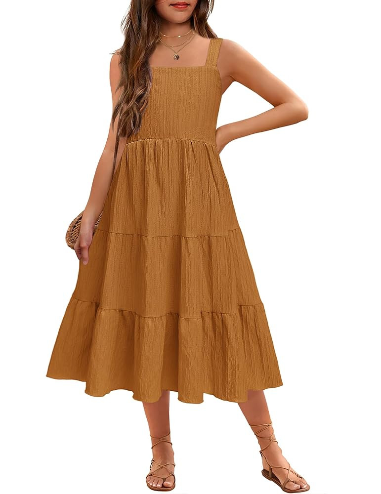 Arshiner Girl's Sundresses Summer Boho Strap Tiered Cami Maxi Dresses with Pockets | Amazon (US)
